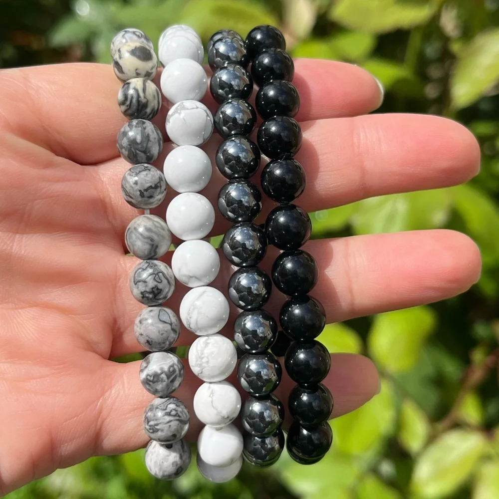 8mm stretchable black white‎ crystal bracelet set